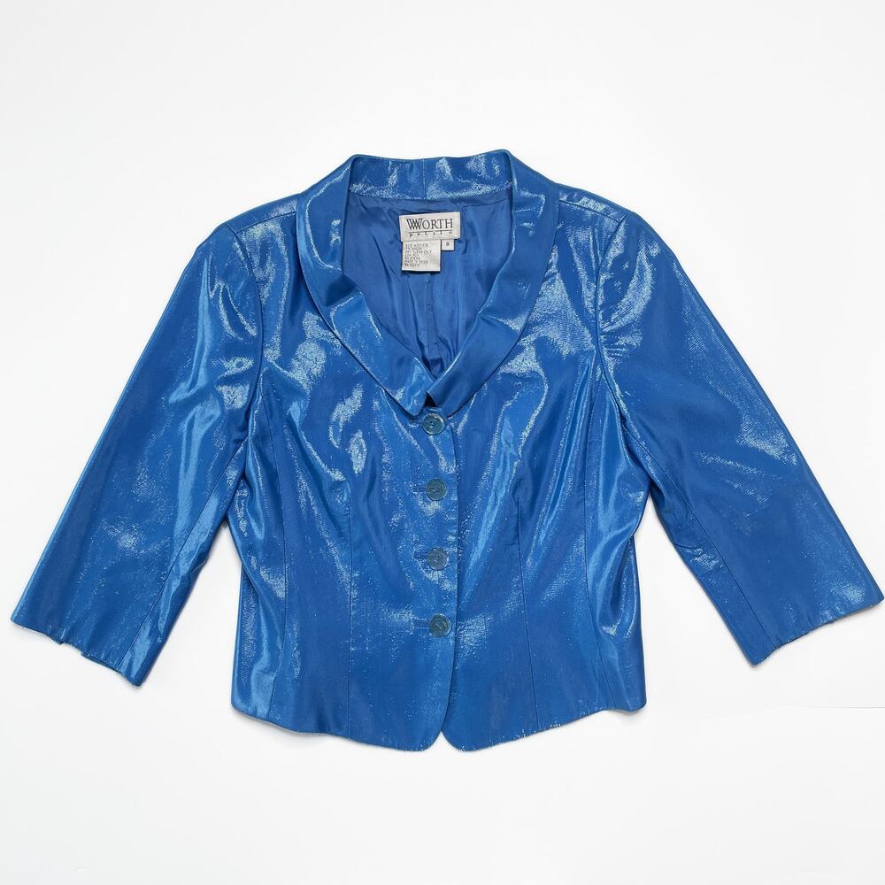 Worth VTG Woven Iridescent Metallic Blue Y2K Special Occasion Blazer 8 Petite